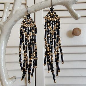 Handmade Elegant Black and Gold Beaded Fringe Earrings